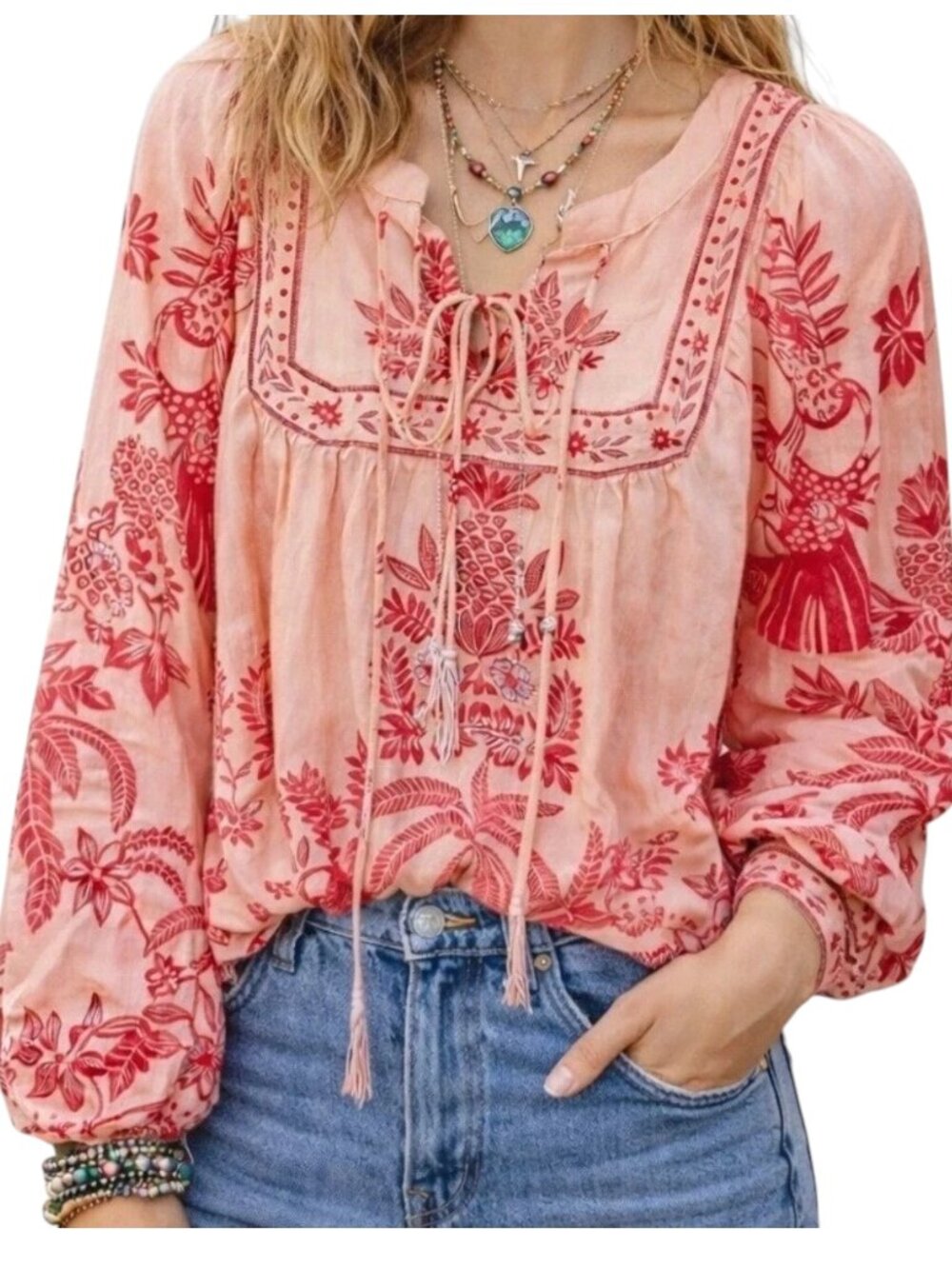 Calypso St. Barth Lightweight Peasant Top Tropical Print - Peachy Pink/Red - L - Picture 1 of 11